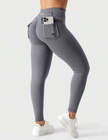 YEOREO Sport Leggings With Pockets For Women V Waist Gym Butt Lifting Workout Cargo Yoga Fitness Leggings - Blue Gray - View 3