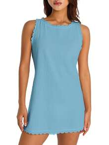 Women Casual Tank Dress Sleeveless Mock Neck Back Zipper Linen Summer Dress Scallop Halter Dress Sundress Beachwear - Màu xanh nhạt - Xem 2