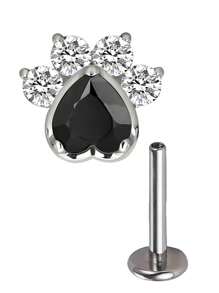 Aretes de titanio ASTM F136 con circonitas engastadas en forma de pata de gato, animal o perro, con rosca interna de 1,2 mm (calibre 16), para piercing de caracola, hélix, cartílago, lóbulo, trago y daith.