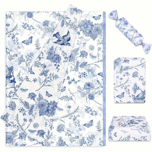 10/15/30/50pcs Vintage Blue Floral, Butterfly Pattern Tissue Paper Sheets, 50x35cm Gift Wrap, Suitable For Gift Packaging, Moisture Proof For Clothing, Wine Packaging, Gift Box Filling, Fragile Item Protection, Decor For Birthday, Valentine's Day, Christmas Gifts