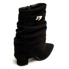 Women's Solid Color Pointed Toe Zipper Mid-Calf Boots With Buckle - Black - View 5
