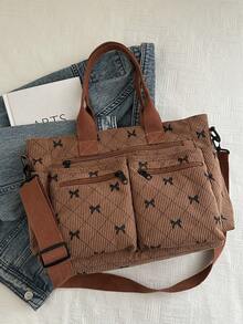 Simple Solid Color Multiple Pockets Shoulder Bag Corduroy Hobo Tote Bag For Women, Casual Crossbody Bag Large Capacity Purse Bucket Bag, Shoulder Satchel Daypack For Outdoor Travel Commuting Work, Vintage Satchel Shopping Bag College Computer Bags Fall Clothes For Women - Brown - View 8