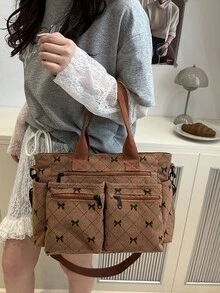 Simple Solid Color Multiple Pockets Shoulder Bag Corduroy Hobo Tote Bag For Women, Casual Crossbody Bag Large Capacity Purse Bucket Bag, Shoulder Satchel Daypack For Outdoor Travel Commuting Work, Vintage Satchel Shopping Bag College Computer Bags Fall Clothes For Women - Brown - View 3