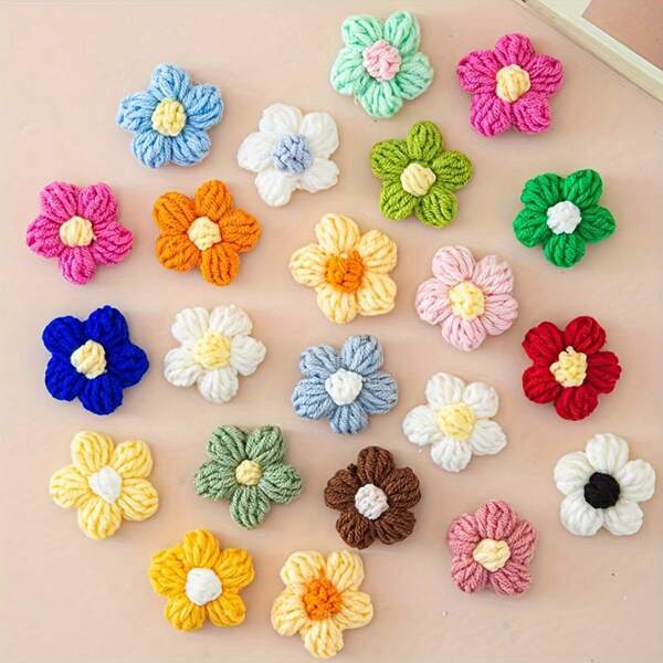 10/20/50 flores de lana de colores surtidos hechas a mano - Flores de ganchillo punto - Accesorios de costura, flores pomposas pequeñas para manualidades DIY, materiales para renovar espejos DIY, diademas, sombreros y accesorios de ropa, accesorios navideños, suministros de ganchillo