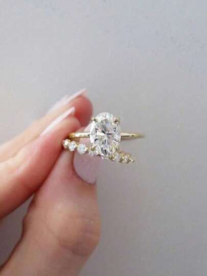 2pcs/Set Luxury Elegant Oval Shape Ring Set For Women Wedding Engagement Party Festival Jewelry Accessories(No Box)