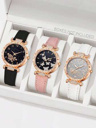 Set de 3 relojes de mujer con correa de piel de poliuretano de varios colores, esfera redonda, cuarzo, versátil y de moda, adecuado como regalo de vacaciones para combinar con ropa diaria