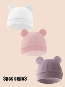 3 件新生儿婴儿医院帽，透气柔软舒适，可爱熊耳朵，适合男婴和女婴，秋冬款式 - 彩色 - 查看 16