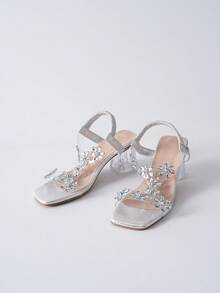 女士水晶高跟凉鞋，饰有花朵，透明PVC鞋带和松紧带，适合日常、约会、拍照、度假、派对、直播、工作等场合，舒适时尚，春夏秋季新款，情人节、圣诞节、冬季圣诞礼物。 - 銀色 - 查看 2