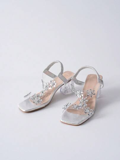 女士水晶高跟凉鞋，饰有花朵，透明PVC鞋带和松紧带，适合日常、约会、拍照、度假、派对、直播、工作等场合，舒适时尚，春夏秋季新款，情人节、圣诞节、冬季圣诞礼物。