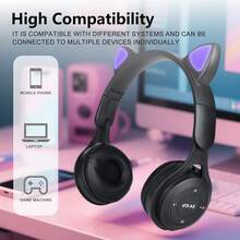 新款猫耳无线耳机，渐变色可爱女士耳机，情人节/圣诞节/新年礼物，带卡槽，可折叠，迷你马卡龙，节日礼物无线耳机 - 黑色 - 查看 5