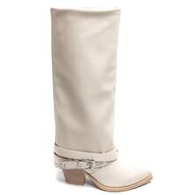 Women's Plain Pointed Toe Zipper Fashion Mid-Calf Boots With Buckle - Beige - View 2