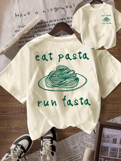 Women's Summer Casual Pasta Pattern Round Neck Short Sleeve T-Shirt