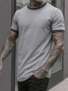 STRIPED T-SHIRT / BASIC T-SHIRT / MEN'S T-SHIRT / 100% COTTON T-SHIRT - 淺灰色 - 查看 2