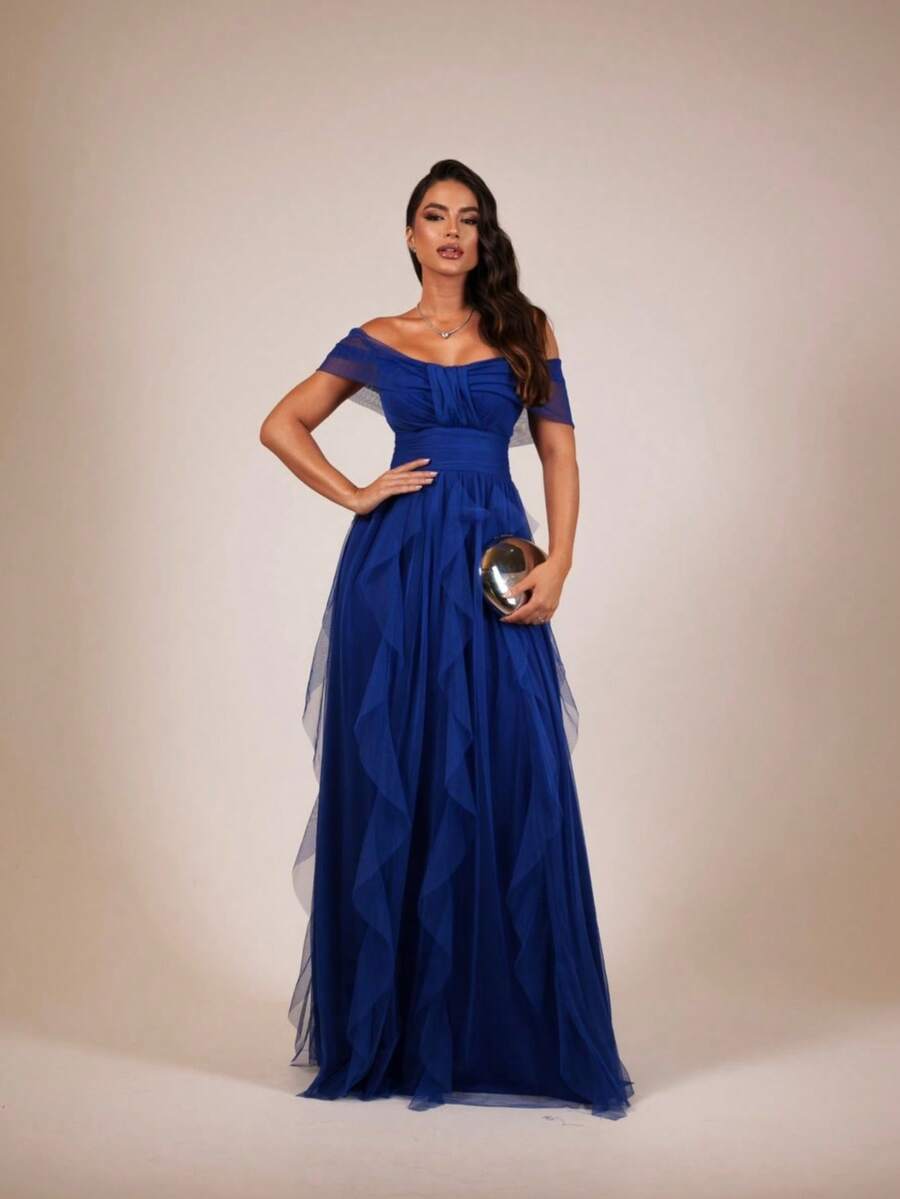 Off Shoulder Tiered Prom Dress. Elegant Zipper Wedding Party - Royal Blue - View 1