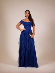 Off Shoulder Tiered Prom Dress. Elegant Zipper Wedding Party - Royal Blue - View 2