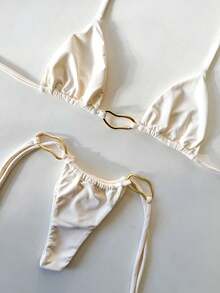 String Bikini With Tie - Polyamide Ribbon Marking With Premium Gold Rings Elegant Contrast Drawstring Beach Holidays - 白色 - 查看 1