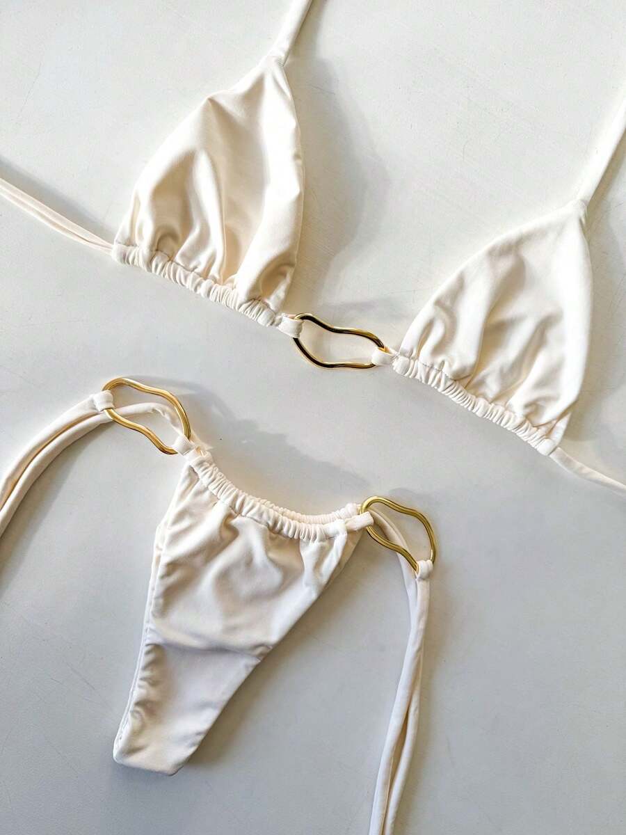 String Bikini With Tie - Polyamide Ribbon Marking With Premium Gold Rings Elegant Contrast Drawstring Beach Holidays - 白色 - 查看 1