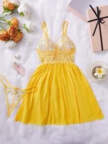 Women Solid Mesh & Contrast Lace See-Through Slip Dress, Sexy And Fashionable, Rave - Yellow - View 3