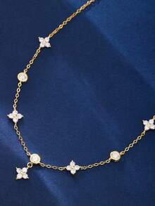 SYMFNY 1pc 925 Silver Sweet And Fresh Clover Cubic Zirconia Anklet, Best Accessory For Women Going Out, Beach, And Holiday - Yellow Gold - View 2