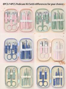 绿色14件套美甲套装不锈钢修脚套装男女指甲钳8件合1专业护理工具防溅指甲套装包括便携式脚趾甲剪、眉毛、挖耳勺，带黑色、蓝色、绿色、粉色收纳盒 - 淺粉色 - 查看 7