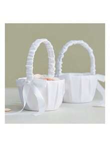 1pc/2PCS Wedding Flower Baskets, Satin Bowknot Flower Baskets Pearl Collection - White Bow - View 7