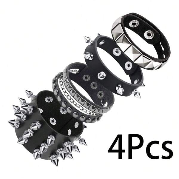 Set de 4 piezas/3 piezas/2 piezas de pulseras con tachuelas de estilo punk rock para hombre