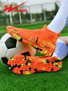 STARNOVO Authentic Dual Star Football Shoes, Unisex Fashion High-Top Sports Soccer Shoes, Camouflage Rubber Sole, Stylish Elastic Knit Collar High-Top Design, Vibrant Color Combinations, Suitable For Middle/Primary School Students' Football Training, Matches, And Daily Commute
