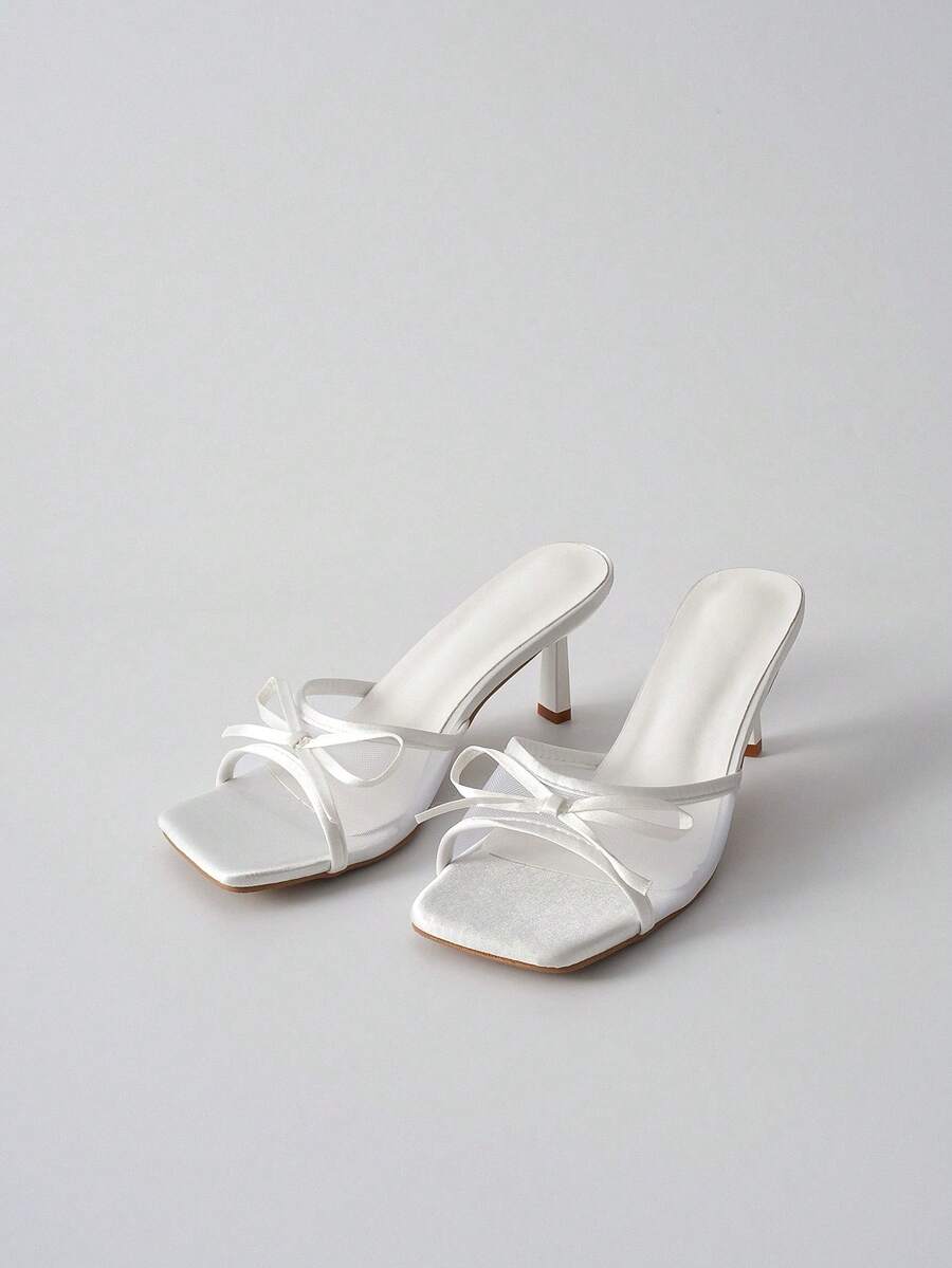 白色夏季新款方头网面透气露趾高跟凉鞋，百搭简约细高跟女鞋，圣诞节冬季圣诞礼物 - 白色 - 查看 1