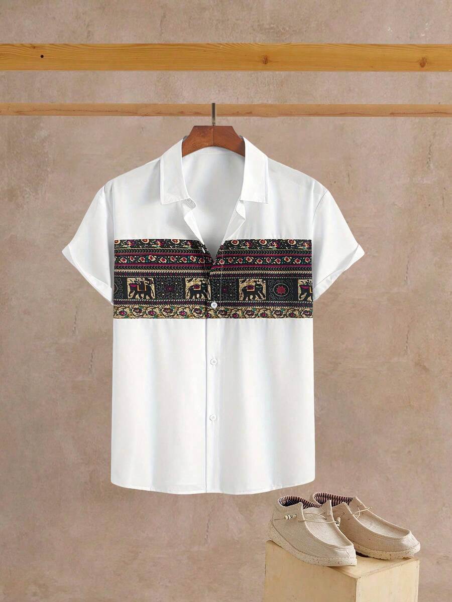 Pattern Print Patchwork Breathable Comfortable Turndown Collar Button Front Design Short Sleeve Shirt, Fashion Men's Must-Have, Suitable For Street Style, Beach Vacation, Summer New Arrival - White - View 1