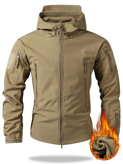 男士休闲户外、徒步、登山、钓鱼、时尚拼接、多口袋、工作服、卡其色、保暖羊毛、可调节连帽防风夹克