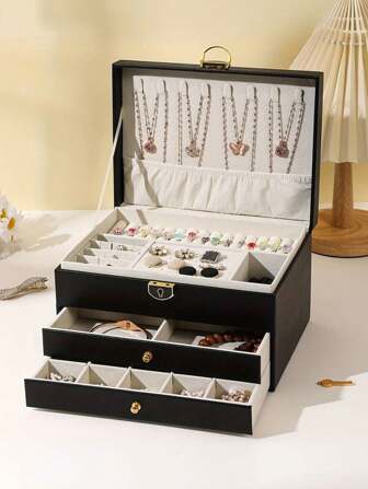 1pc Elegant Three-Layer PU Leather Jewelry Box With Lock, Dustproof And Anti-Oxidation Jewelry Storage Solution, Perfect For Organizing Earrings, Necklaces, Bracelets, And Rings, Ideal For Travel And Home Use, Multi-Compartment Design For Women, Essential Storage Organizer For Back To School, Holiday Gifting, Christmas, Thanksgiving, New Year, And Valentine's Day Celebrations, Stylish And Functional Jewelry Organizer For Every Occasion, Keep Your Treasures And -Free, Perfect Gift For Her, Enhance Your Jewelry Collection With This Chic Storage Box.