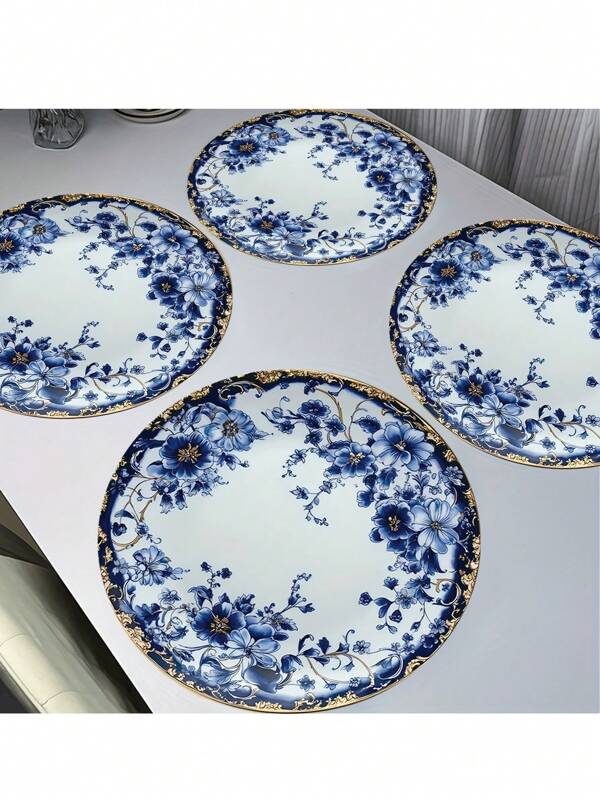4/6PCS Elegant Blue Floral And Gold-Rimmed Ceramic Round Placemats, 37cm Heat-Resistant Placemats, Exquisite Floral Design, Suitable For Dining, Home, Weddings, And Banquet Decorations, Wedding Table Decor | Floral Table Setting | Heat-Resistant Mats, Round Table Decor