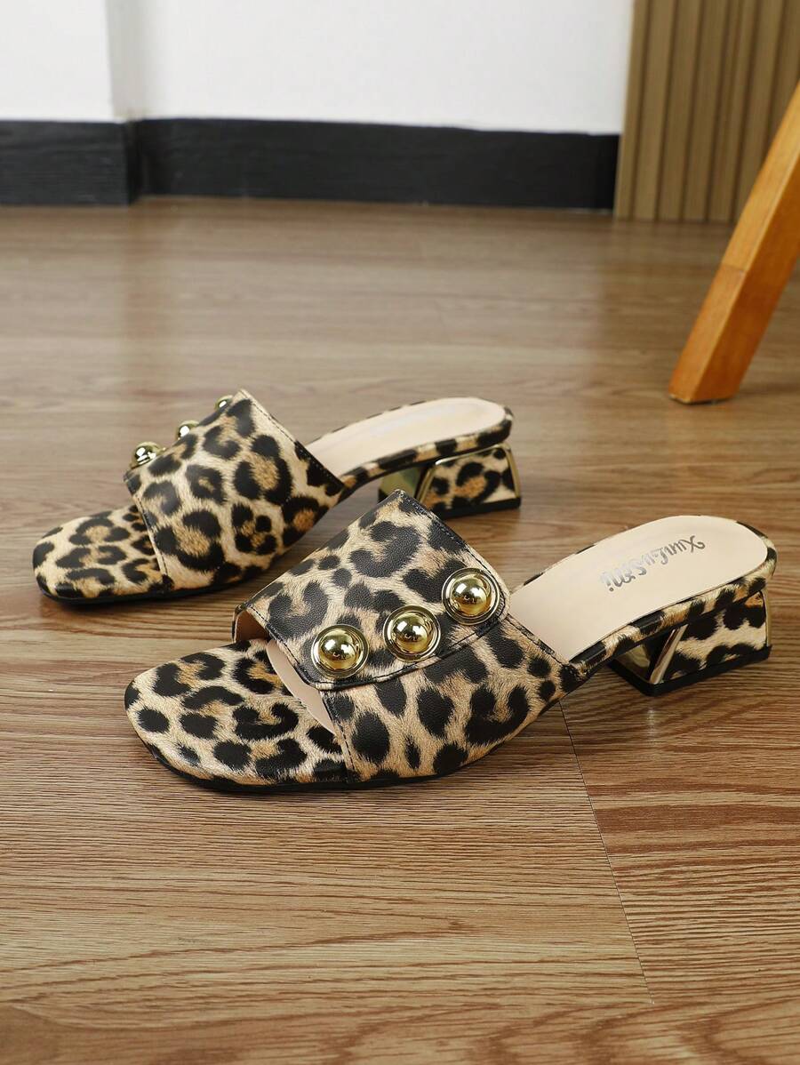 Mules à talon compensé épais imprimé léopard marron pour femme, chaussures d'été confortables