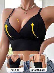 1pc Women's Minimalist Solid Color Comfortable Wire-Free Sports Bra, Knitted Fabric - Black - View 6