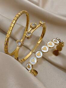 18 Karat vergoldetes Herz Armreif Set für Frauen - Elegante CZ & strukturierte Herz Armbänder, romantisches stapelbares Schmuckset, Muttertagsgeschenk, Geschenk zum Schulanfang, Halloween Geschenk, Lehrergeschenk, Boho Sommer Strand Reise Party Essentiell, Rave/Prom/Party/Alltags Accessoire, goldgelber Schmuck, Geburtstagsgeschenk - Verschiedenfarbig - Übersicht 3