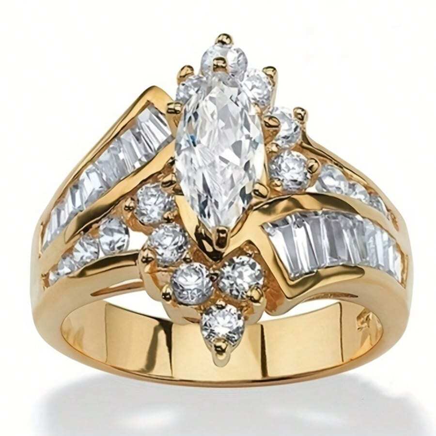 Luxury Copper Alloy Inlaid Shiny Synthetic Cubic Zirconia Ring, Suitable For Women, Oval Shaped Ring Is A Party Accessory Jewelry Gift For Female, Banquet