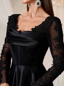 YISIKADO Rochie de seară elegantă din satin cu dantelă contrastantă pentru femei, rochie de bal, rochie de seară elegantă, cu guler pătrat, mânecă lungă, pentru nuntă, banchet, absolvire, aniversare, cină formală, bal, ceremonie, sărbătoare - Negru - Vizualizare 7