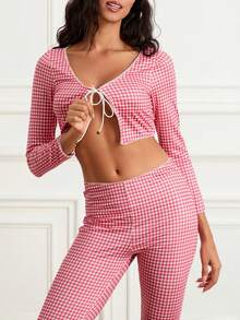 Women's Summer Plaid Outfits Long Sleeve Tie Front Crop Top Gingham Low Waist Slim Capris Pants Set 2 Piece - 紅色 - 查看 4
