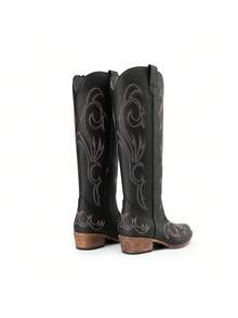 Women's Knee-High Boots, Comfortable Chunky Block Heel Pointed Toe Pull On Side Zipper Suede Slouch Riding Boots - Black - View 6
