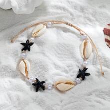 1 pièce Bracelet de cheville tressé fait main pour femmes, style vacances à la plage avec coque naturelle et étoile de mer, faux perles, pour porter à la plage