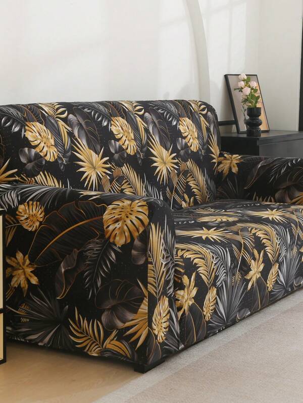 1pc Black And Gold Leaf Pattern Sofa Cover, Elastic All Inclusive Polyester Fiber Universal Sofa Cover, Living Room Sofa Protection Cover, Home Decoration