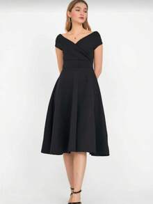 Vestido midi de línea A negro elegante para mujeres - Vestido de cóctel con hombros descubiertos para bodas, noches, citas y ocasiones especiales - Negro - Ver 2
