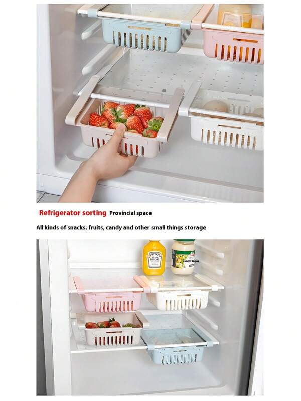 Boîte de rangement réfrigérée de style tiroir réglable, étagère organisatrice de cuisine pour réfrigérateur, boîte de rangement suspendue avec trous de séparation, pratique pour le réfrigérateur, le placard de cuisine et le comptoir, peut ranger les petits fruits et légumes