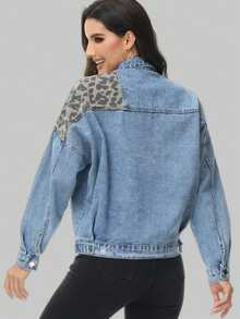 Chaqueta casual de mezclilla con parches y rasgados estampado de leopardo