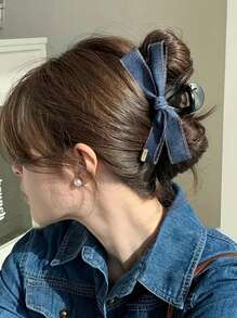 Denim Bow Ribbon Hair Clip - Stylish Black Fabric Accessory, Versatile For Parties & Birthdays, Ideal Mother'S Day Gift Hair Claws Claw Clips Hair Clips Hair Jaw Clip Hair Clamps Hair Clutch Hair Catcher Clip Fashion Hair Accessories