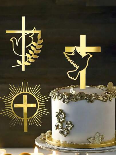 Set de 3 decoraciones de tope de tarta bautismal en forma de cruz dorada para bautizos, comuniones, decoración de mesas de postres, decoración de tartas, productos de decoración para repostería y fiestas, decoración para tarta de baby shower, productos de decoración de tartas con tema bautismal en color dorado