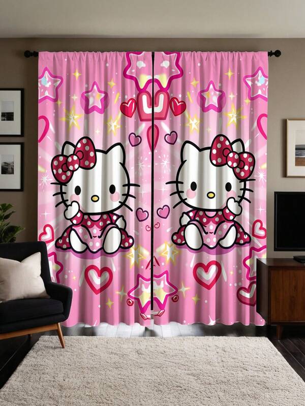 Sanrio 2pcs Sanrio Hello Kitty Curtains - Adorable Pink Glitter Stars And Heart Designs, Machine Washable, Blackout Curtains, Suitable For Bedroom And Home Decor, Available In 2 Sizes, Living Room Curtains, Sanrio