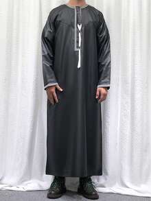 New Solid Color Round Neck Embroidered Tasseled Abaya Robe, Long Sleeve Arabian Saudi Men Robe - Black - View 5