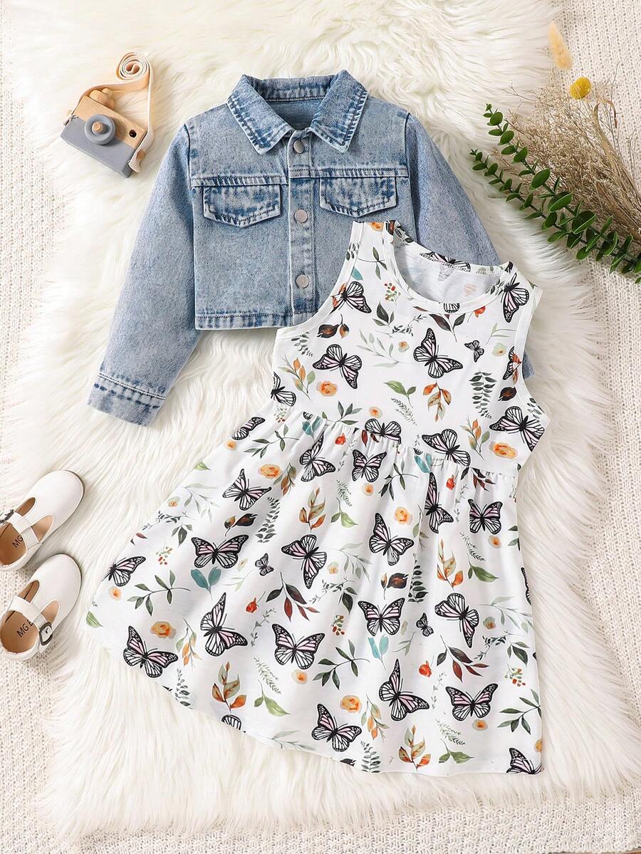 2pcs Young Girl Cute Peter Pan Collar Short Denim Jacket & Butterfly Pattern Dress Set - Multicolor - View 1