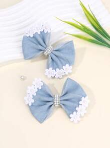 2pcs Denim Hair Bows For Women Girls Solid Color Denim Bow Alligator Clips With Pearl Flower Elegant Vacation Bow Hair Clips Casual Bow Barrettes Women Hair Accessories ,Flat Claw Clip
